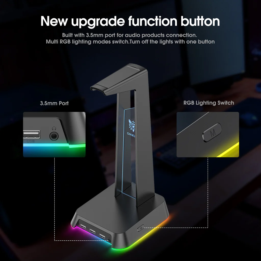 حامل سماعة رأس للألعاب ONIKUMA ST-2 RGB مع 3 منافذ USB وAUX 3.5 مم، 384 جرام - أسود