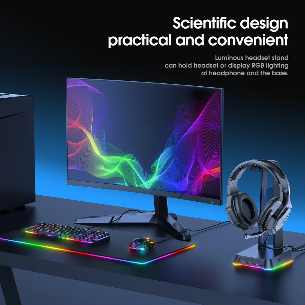حامل سماعة رأس للألعاب ONIKUMA ST-2 RGB مع 3 منافذ USB وAUX 3.5 مم، 384 جرام - أسود
