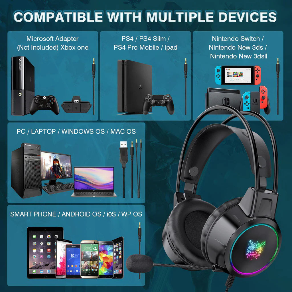 سماعة الألعاب السلكية ONIKUMA X15 PRO مع إضاءة RGB، ومنفذ USB ومنفذ 3.5 مم، وكابل بطول 2.2 متر - أسود