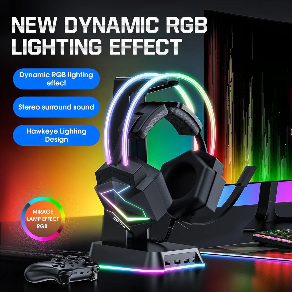 سماعة الألعاب السلكية ONIKUMA X20 بصوت محيطي 7.1، وإضاءة RGB، ومنفذ USB ومنفذ 3.5 مم، وكابل بطول 2.2 متر - أسود
