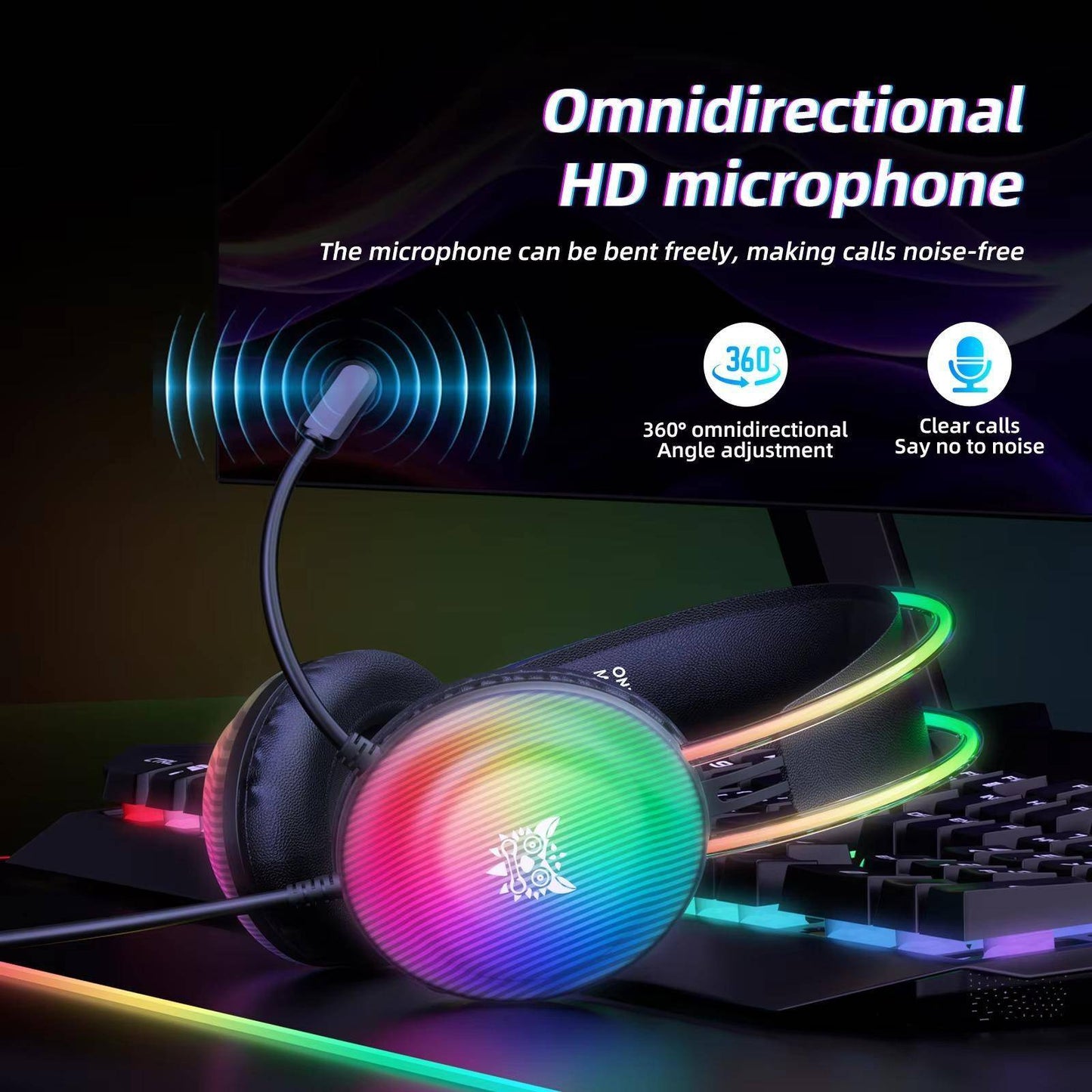 سماعة الألعاب السلكية ONIKUMA X29 مع إضاءة RGB وميكروفون لتقليل الضوضاء وكابل بطول 2.2 متر - أسود