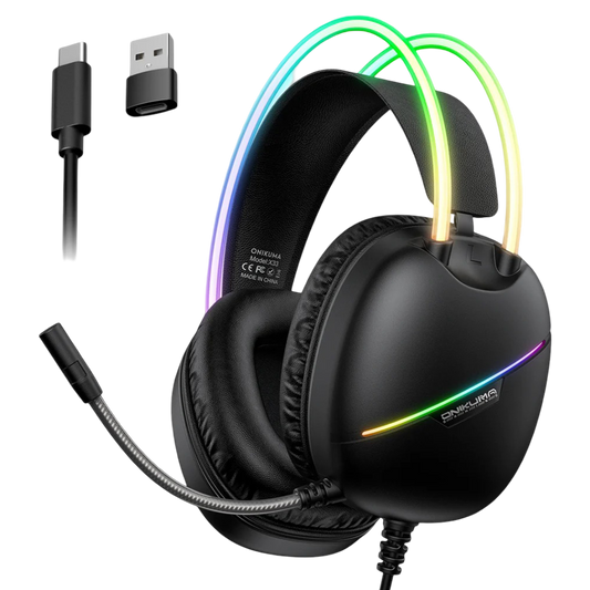 ONIKUMA X33 Wired Gaming Headset with 50mm Drivers, Type-C Connection, RGB Lighting, and 2.2m USB Cable – Black