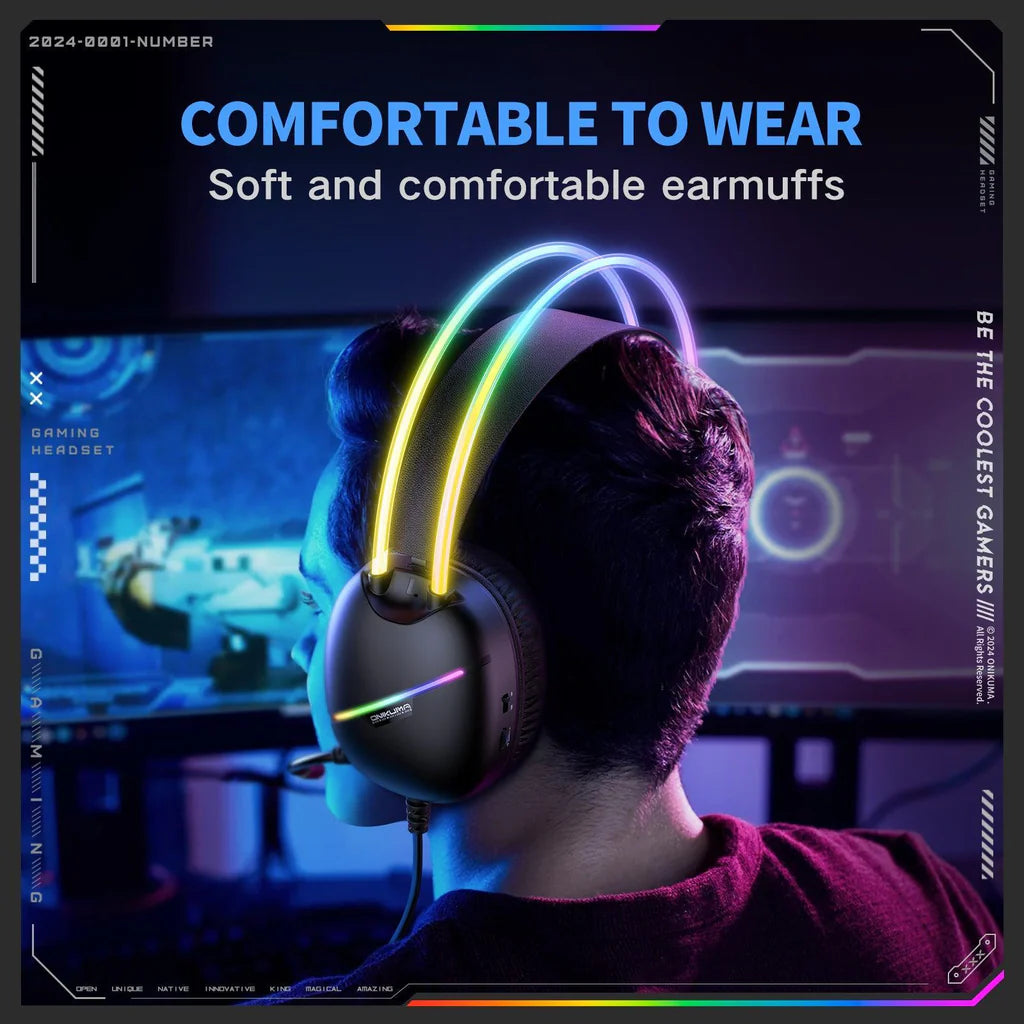 سماعة الألعاب السلكية ONIKUMA X33 مع مشغلات 50 مم، ووصلة من النوع C، وإضاءة RGB، وكابل USB بطول 2.2 متر - أسود