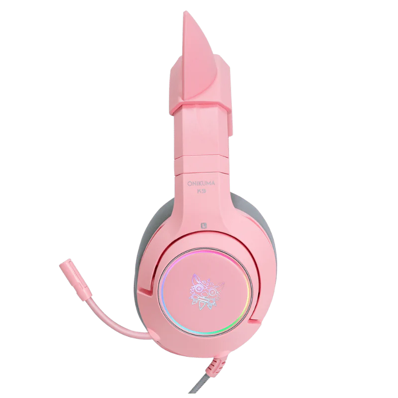 سماعة الألعاب السلكية ONIKUMA K9 بصوت محيطي 7.1، تصميم أذن القط RGB، اتصال USB، وكابل 2.2 متر - وردي
