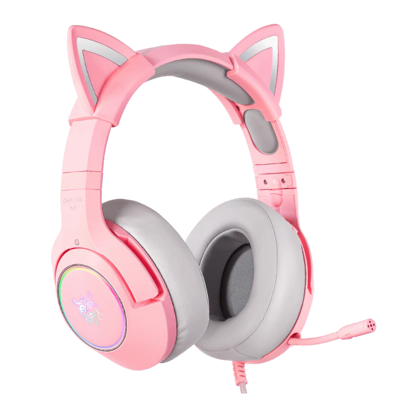 سماعة الألعاب السلكية ONIKUMA K9 بصوت محيطي 7.1، تصميم أذن القط RGB، اتصال USB، وكابل 2.2 متر - وردي