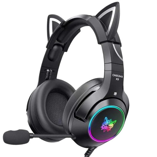 ONIKUMA K9 Wired Gaming Headset with RGB Lighting, Cat Ear Design, Noise Cancelling Mic, and 2.2m 3.5mm Cable – Black