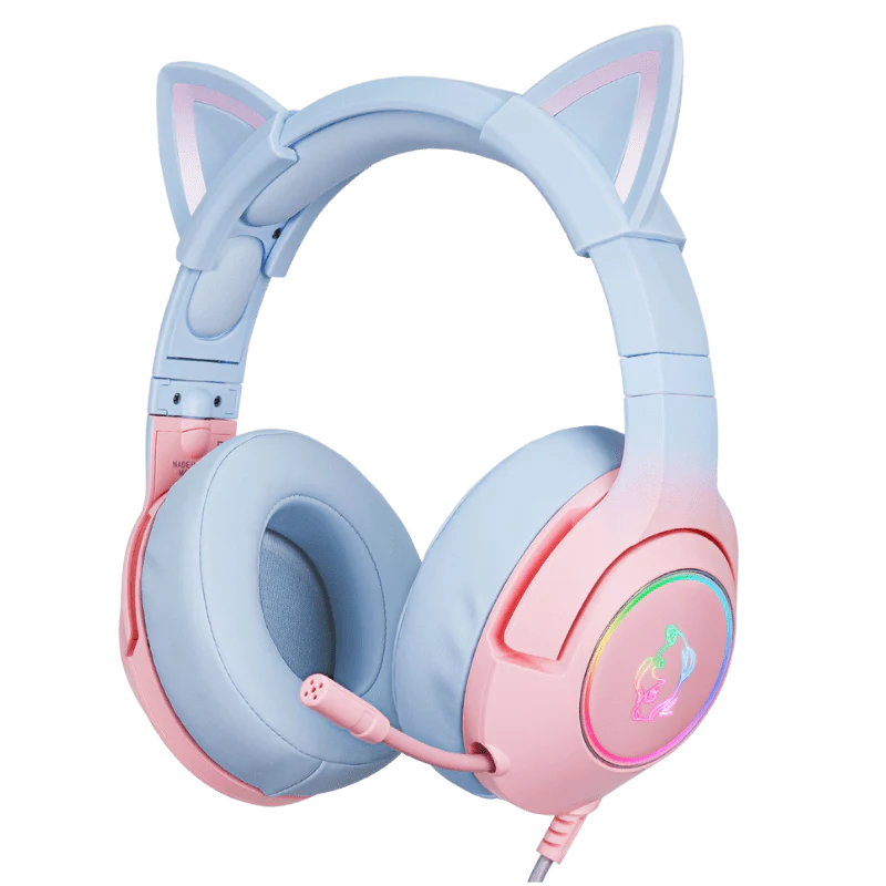 سماعة الألعاب السلكية ONIKUMA K9 بصوت محيطي 7.1، تصميم أذن القط RGB، اتصال USB، وكابل 2.2 متر - أزرق
