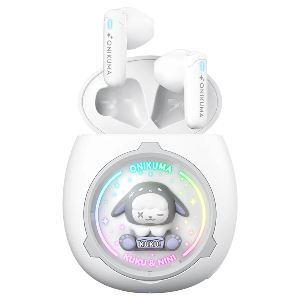 ONIKUMA T302 Wireless Earbuds with Bluetooth 5.3, RGB Lighting, DIY Shells, and 5-Hour Battery – White