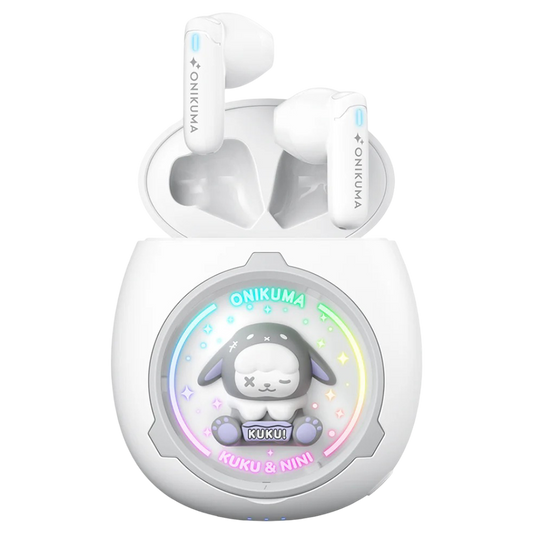 ONIKUMA T302 Wireless Earbuds with Bluetooth 5.3, RGB Lighting, DIY Shells, and 5-Hour Battery – White