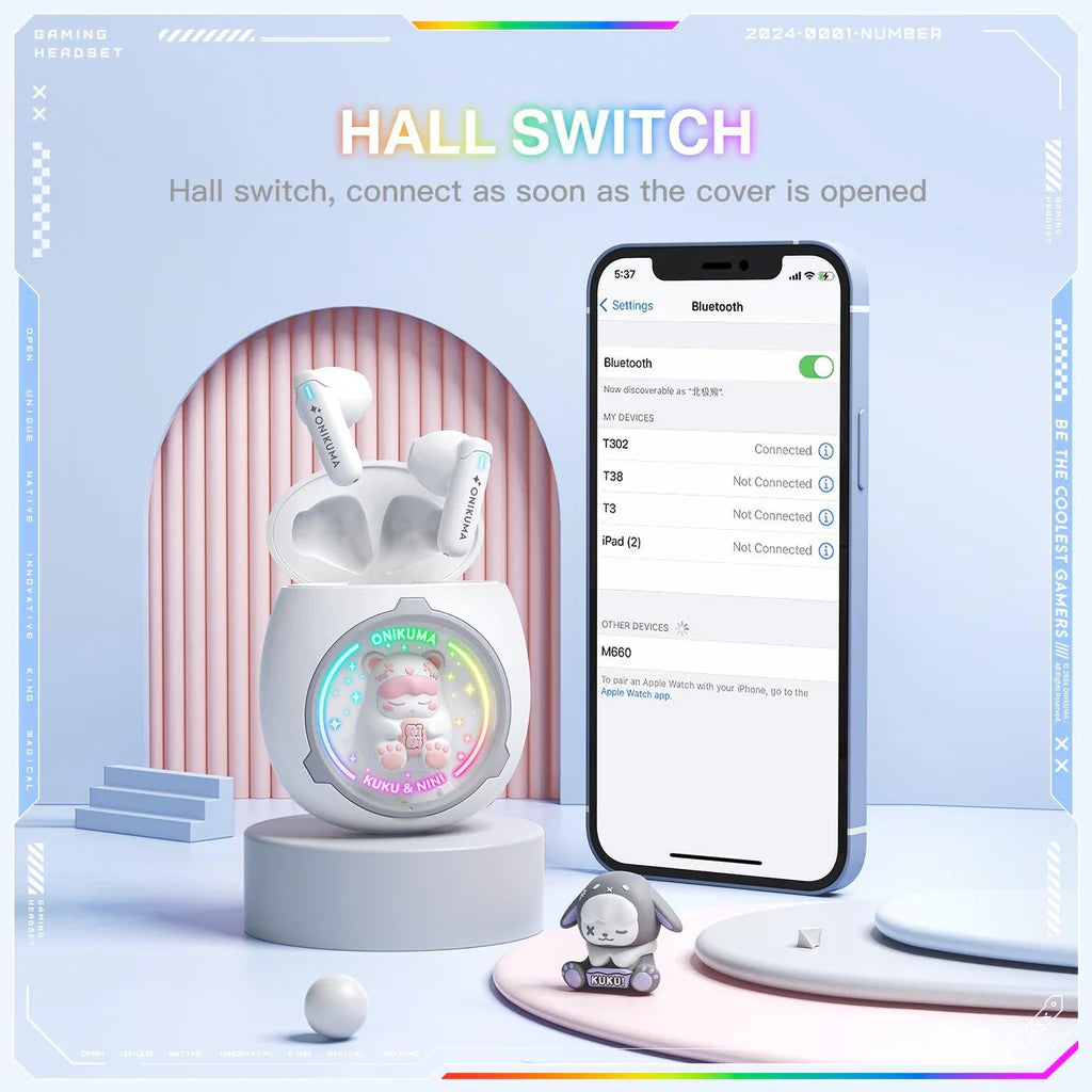 سماعات أذن لاسلكية ONIKUMA T302 مزودة بتقنية بلوتوث 5.3 وإضاءة RGB وأغطية DIY وبطارية تدوم 5 ساعات - بيضاء