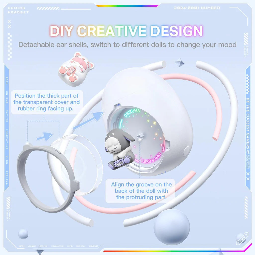 سماعات أذن لاسلكية ONIKUMA T302 مزودة بتقنية بلوتوث 5.3 وإضاءة RGB وأغطية DIY وبطارية تدوم 5 ساعات - بيضاء