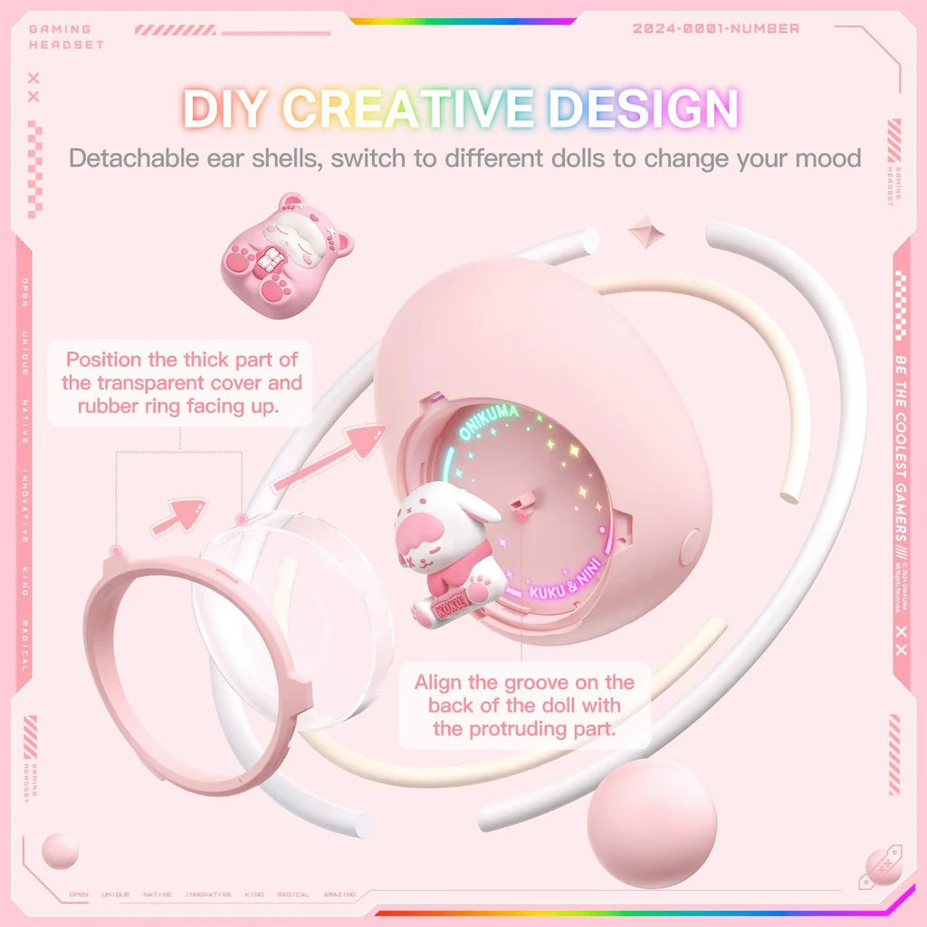 سماعات أذن لاسلكية ONIKUMA T302 مزودة بتقنية بلوتوث 5.3 وإضاءة RGB وأغطية DIY وبطارية تدوم 5 ساعات - وردي