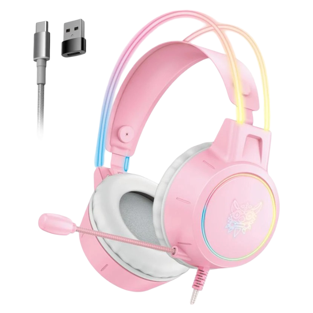 ONIKUMA X15 PRO Wired Gaming Headset with RGB Headband Lighting, Type-C and USB Connection, and 2.2m Cable – Pink