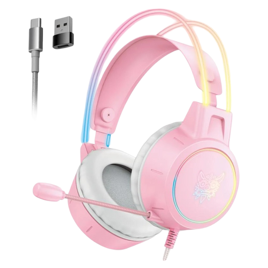ONIKUMA X15 PRO Wired Gaming Headset with RGB Headband Lighting, Type-C and USB Connection, and 2.2m Cable – Pink