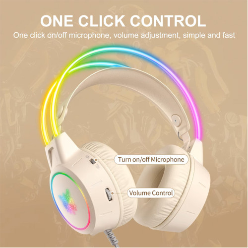 سماعة الألعاب السلكية ONIKUMA X15 PRO مع إضاءة RGB، واتصال من النوع C وUSB، وكابل بطول 2.2 متر - بيج
