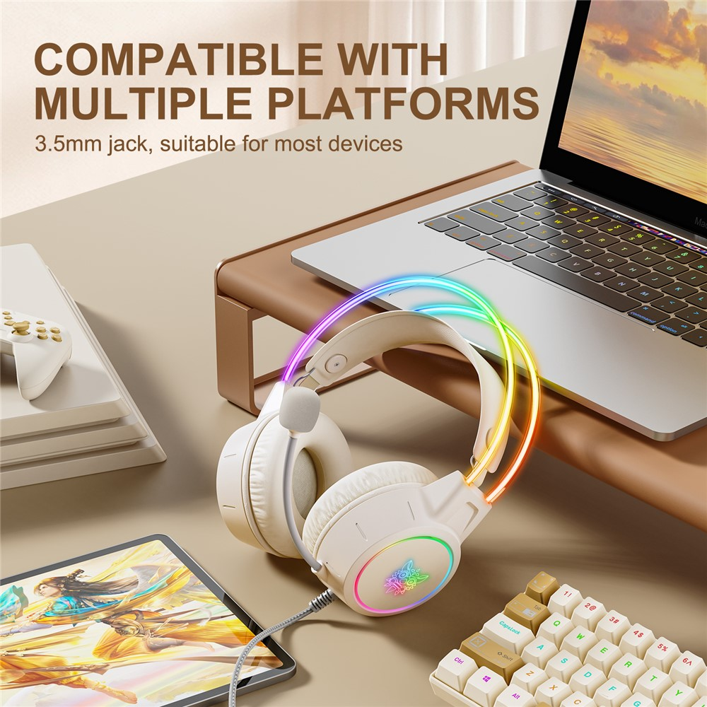 سماعة الألعاب السلكية ONIKUMA X15 PRO مع إضاءة RGB، واتصال من النوع C وUSB، وكابل بطول 2.2 متر - بيج