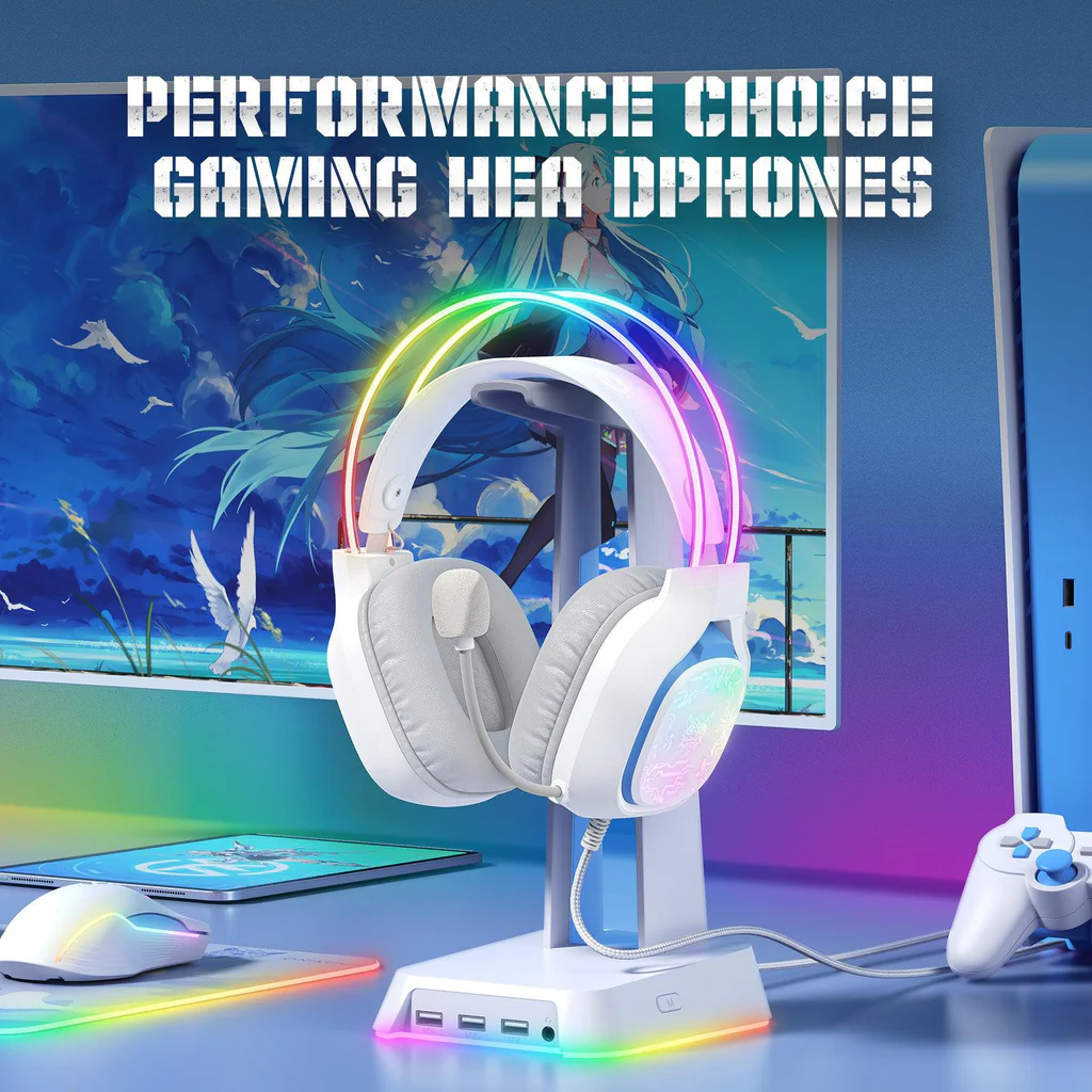 سماعة الألعاب السلكية ONIKUMA X22 مع إضاءة RGB لعصابة الرأس، ومنفذ USB ومنفذ 3.5 مم، وكابل بطول 1.8 متر - أبيض