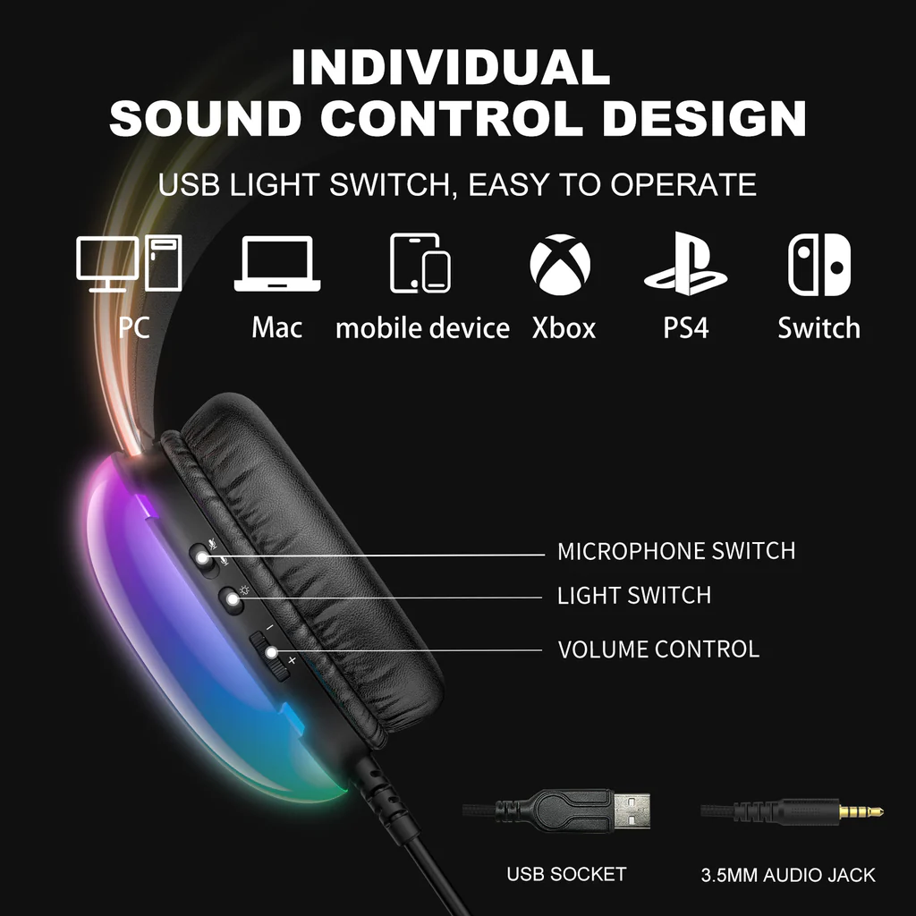 سماعة الألعاب السلكية ONIKUMA X25 مع إضاءة RGB، ومنفذ USB ومنفذ 3.5 مم، وكابل بطول 2 متر - أسود