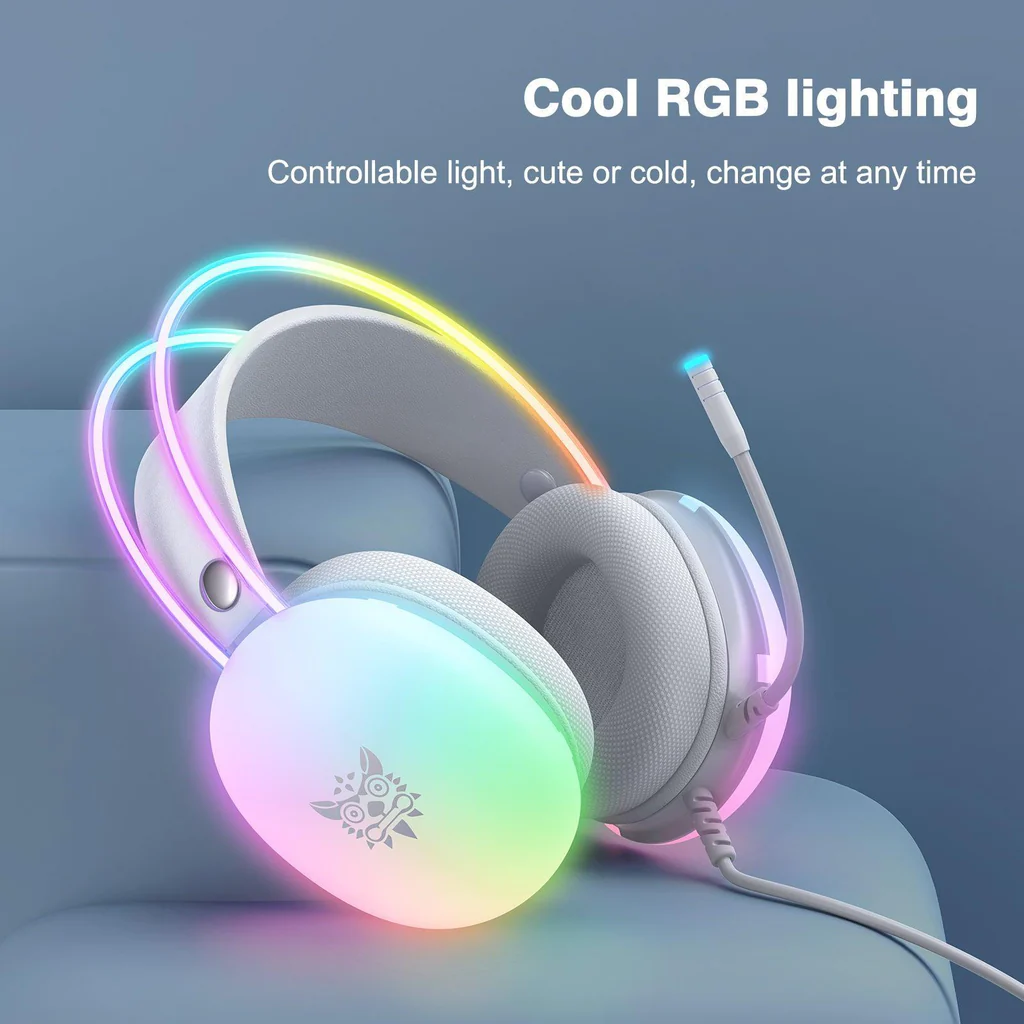 سماعة الألعاب السلكية ONIKUMA X25 مع إضاءة RGB، ومنفذ USB ومنفذ 3.5 مم، وكابل بطول 2 متر - أبيض