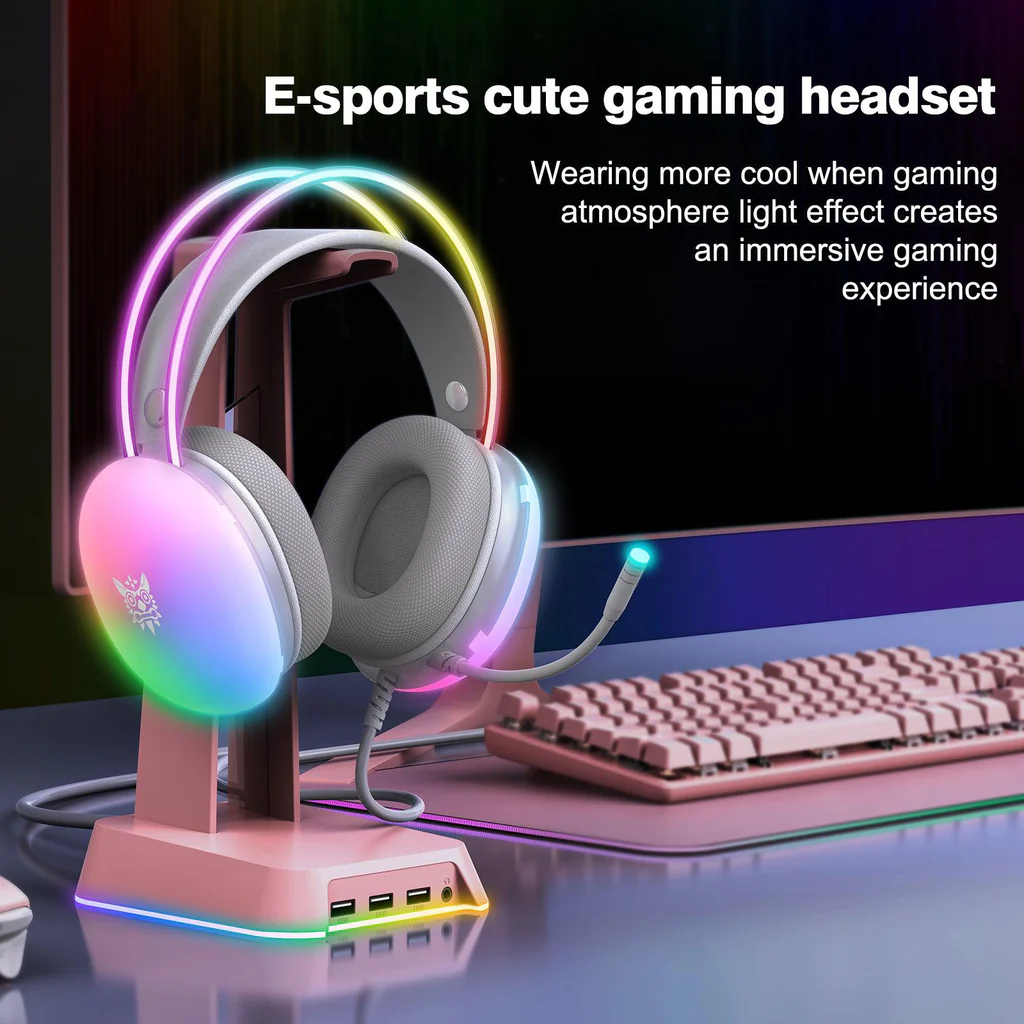 سماعة الألعاب السلكية ONIKUMA X25 مع إضاءة RGB، ومنفذ USB ومنفذ 3.5 مم، وكابل بطول 2 متر - أبيض