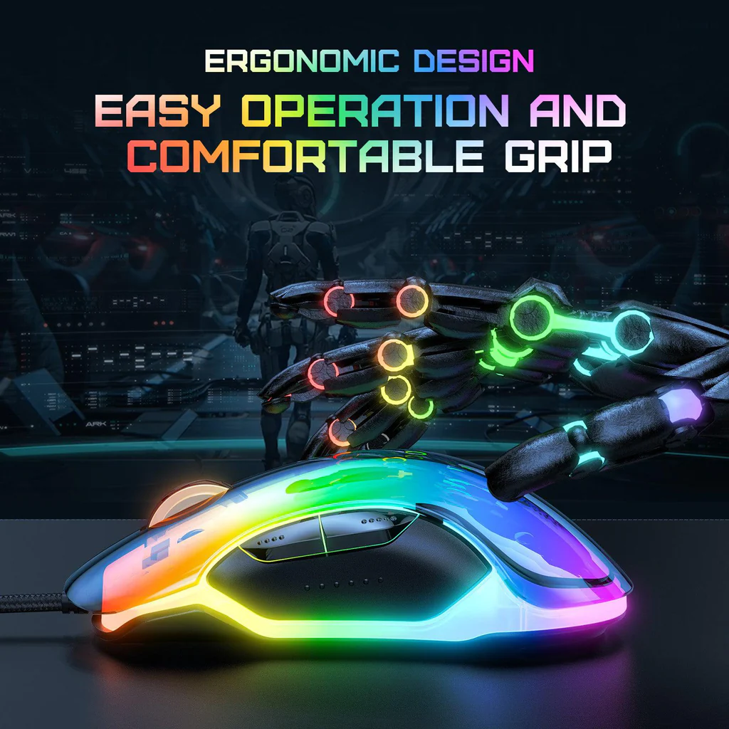 ماوس الألعاب السلكي ONIKUMA CW925 بإضاءة RGB، بدقة 12800 نقطة في البوصة، و7 أزرار، ووصلة USB، وكابل بطول 1.5 متر - أسود
