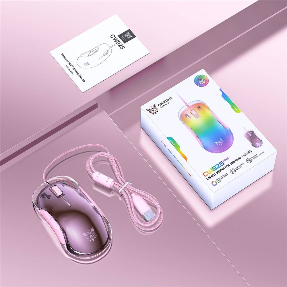 ماوس الألعاب السلكي ONIKUMA CW925 بإضاءة RGB، بدقة 12800 نقطة في البوصة، و7 أزرار، ووصلة USB، وكابل بطول 1.5 متر - وردي