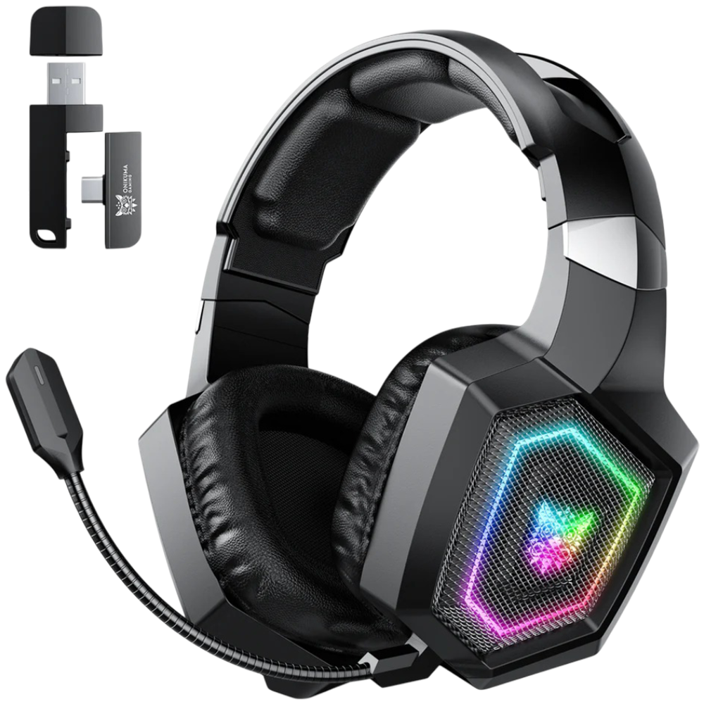 ONIKUMA GT806 Tri-Mode Gaming Headset 7.1 Surround Sound with 2.4G, Bluetooth, Wired Connection, RGB Lighting, 50mm Driver, and 60-Hour Battery – Black