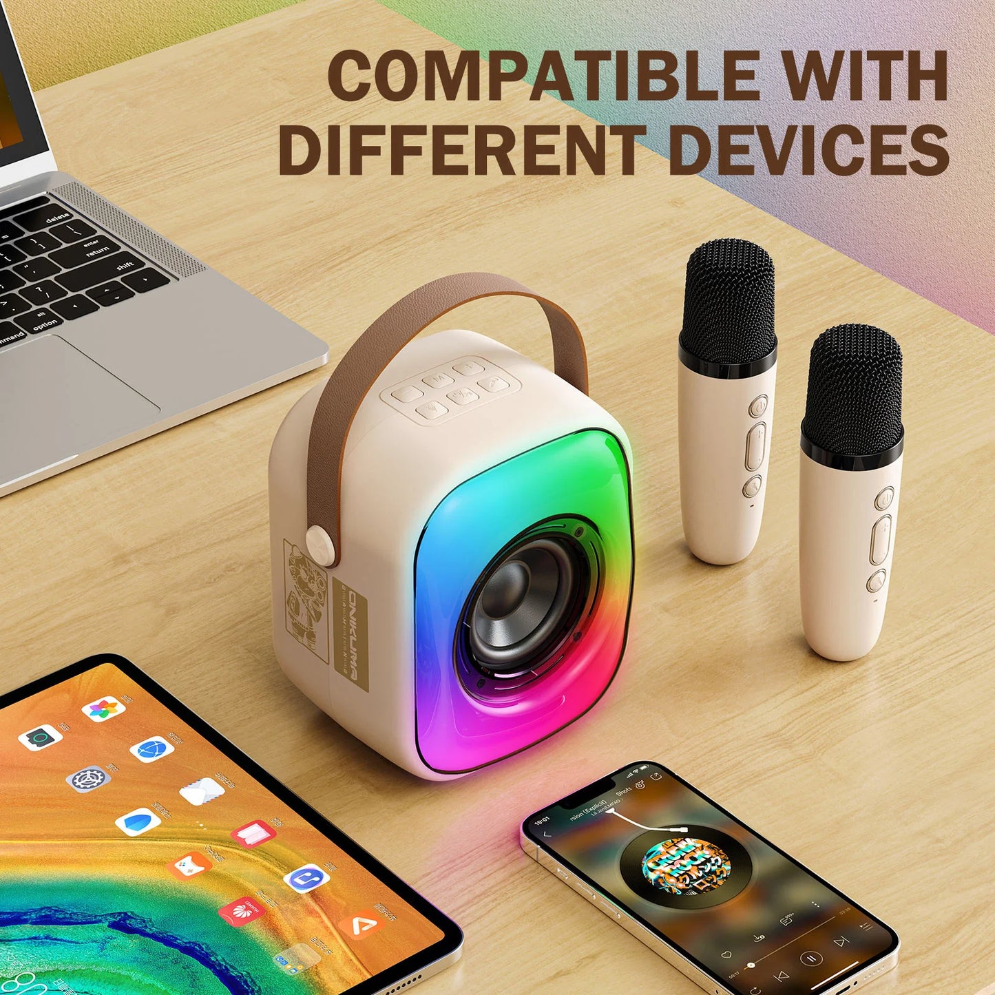 مكبر صوت لاسلكي Onikuma L7 مزود ببلوتوث 5.3 وإضاءة RGB مع ميكروفون وبطارية تدوم 5 ساعات - بيج