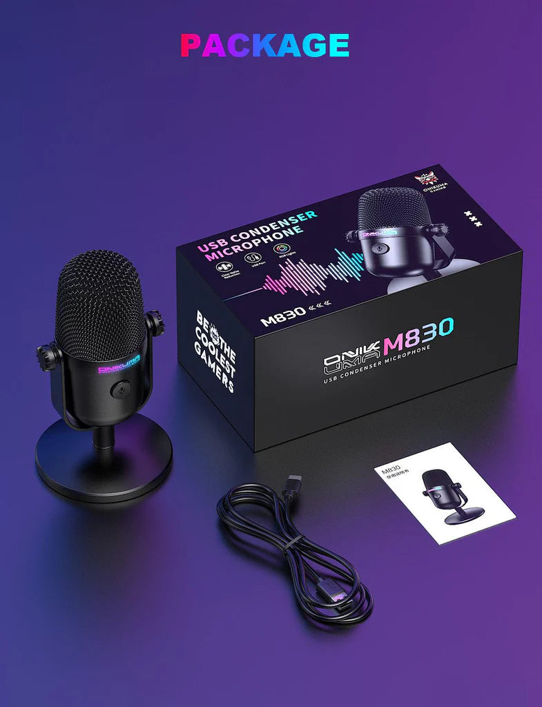 ميكروفون ألعاب سلكي Onikuma M830 مزود بمنفذ USB وType-C وإضاءة RGB - أسود