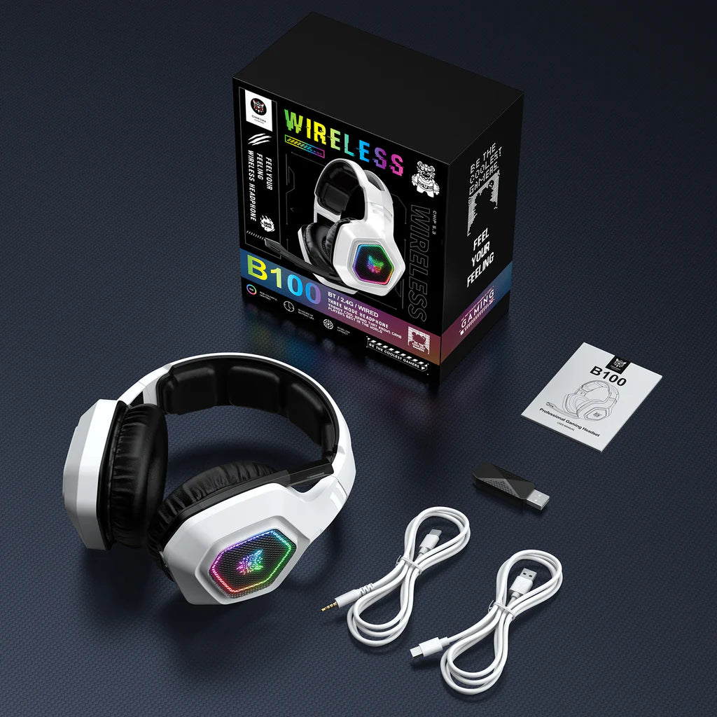 سماعة الألعاب اللاسلكية ثلاثية الأوضاع ONIKUMA B100 مع 2.4G وبلوتوث 5.3 وإضاءة RGB وبطارية تدوم 18 ساعة - أبيض
