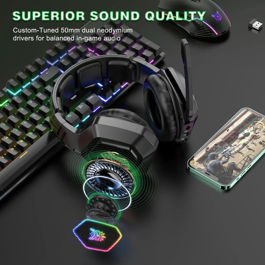 سماعة الألعاب اللاسلكية ثلاثية الأوضاع ONIKUMA B100 مع 2.4G وبلوتوث 5.3 وإضاءة RGB وبطارية تدوم 18 ساعة - أسود