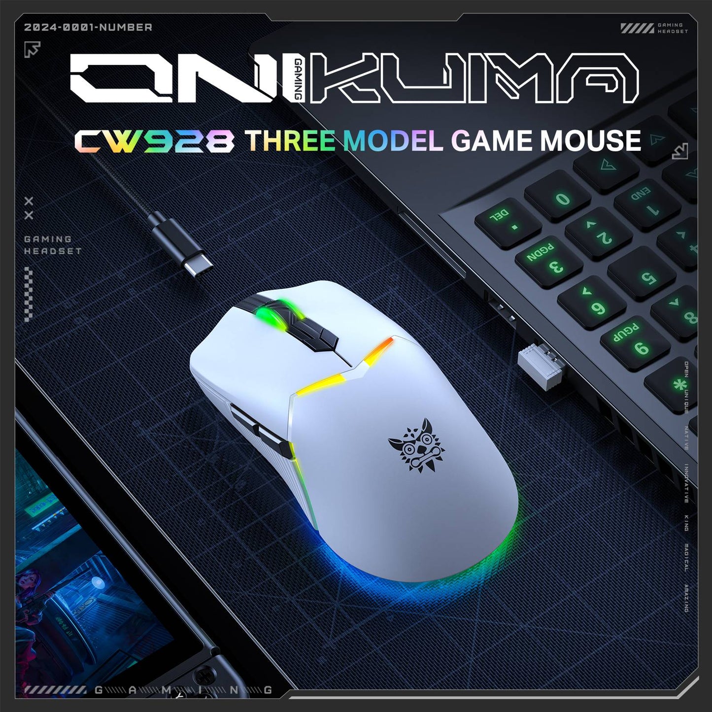 ماوس الألعاب اللاسلكي ثلاثي الأوضاع ONIKUMA CW928، إضاءة RGB، 12000 نقطة في البوصة، 7 أزرار، وجهاز استقبال USB - أبيض