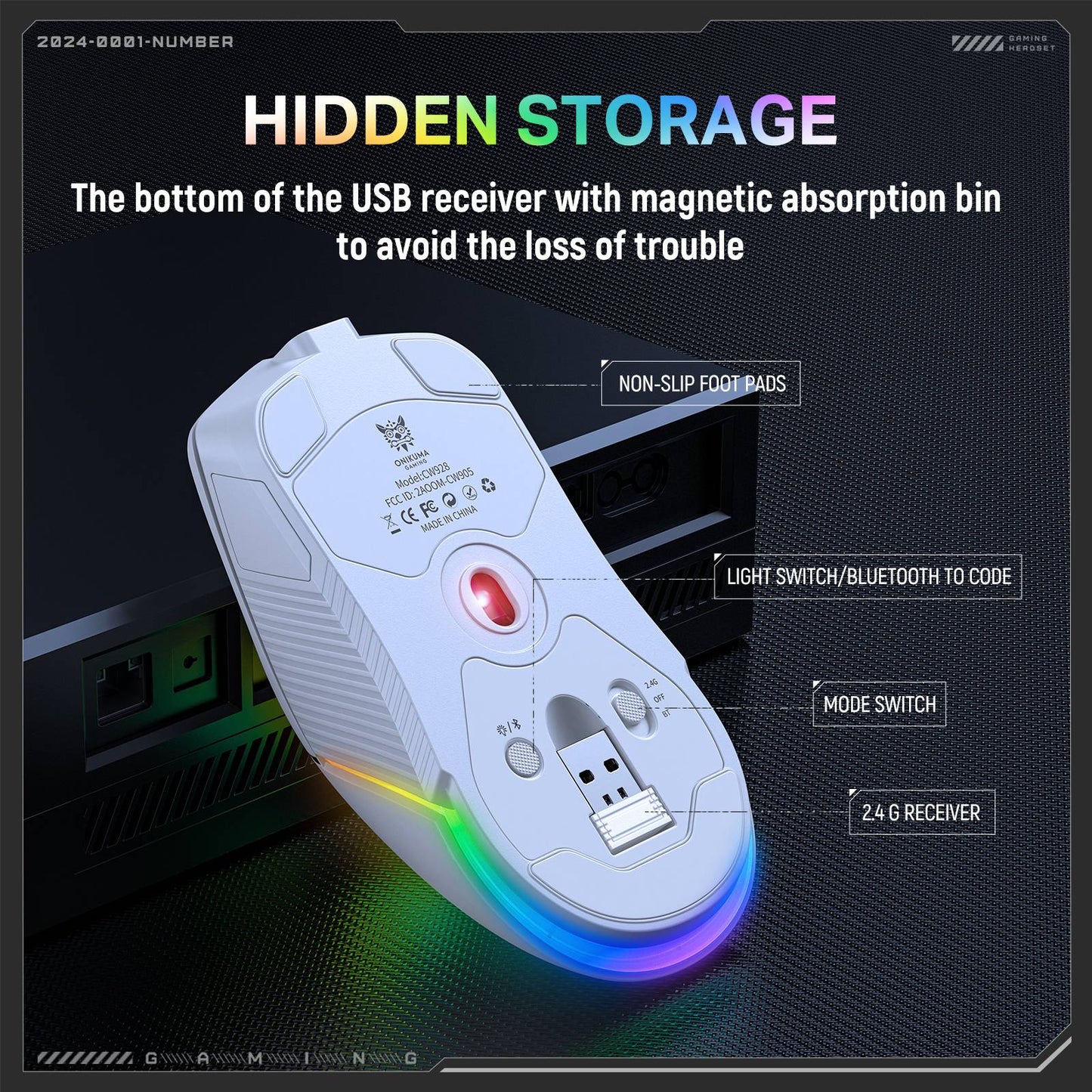 ماوس الألعاب اللاسلكي ثلاثي الأوضاع ONIKUMA CW928، إضاءة RGB، 12000 نقطة في البوصة، 7 أزرار، وجهاز استقبال USB - أبيض