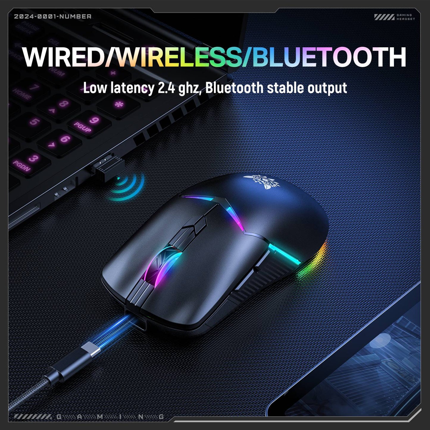ماوس الألعاب اللاسلكي ثلاثي الأوضاع ONIKUMA CW928، إضاءة RGB، 12000 نقطة في البوصة، 7 أزرار، وجهاز استقبال USB - أسود